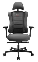 Frontansicht eines grauen Gaming-Stuhls mit ergonomischem Design, verstellbaren Armlehnen und Kopfstütze, Modell SITNESS RS PRO.