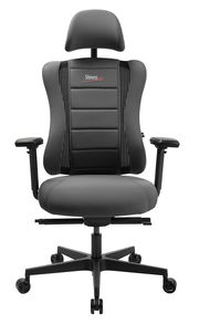 Frontansicht eines grauen Gaming-Stuhls mit ergonomischem Design, verstellbaren Armlehnen und Kopfstütze, Modell SITNESS RS PRO.