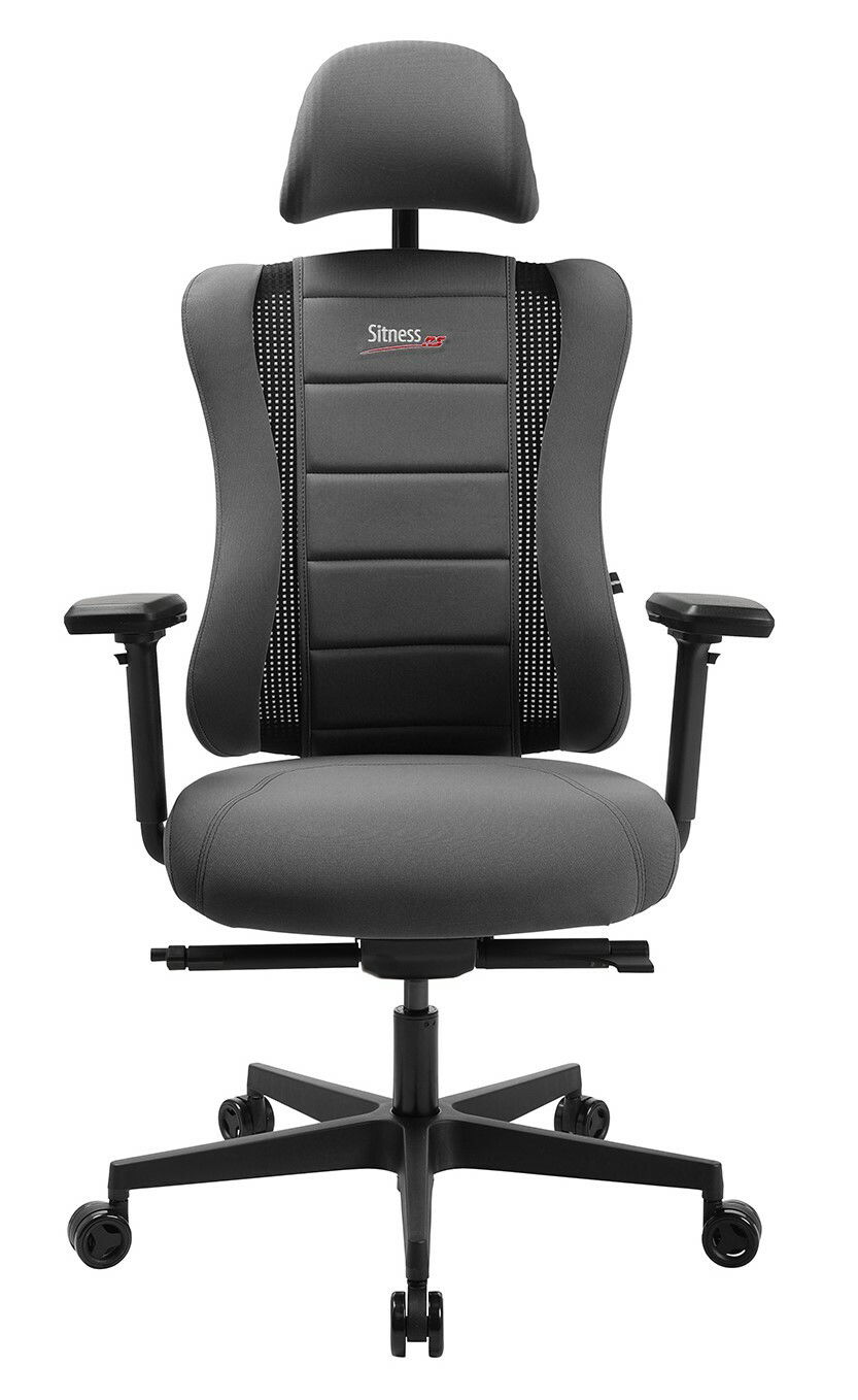 Frontansicht eines grauen Gaming-Stuhls mit ergonomischem Design, verstellbaren Armlehnen und Kopfstütze, Modell SITNESS RS PRO.