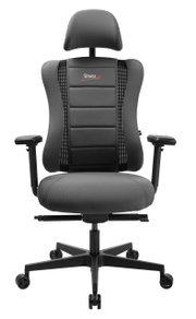 Vooraanzicht van een grijze gamingstoel met ergonomisch ontwerp, verstelbare armleuningen en hoofdsteun, model SITNESS RS PRO.