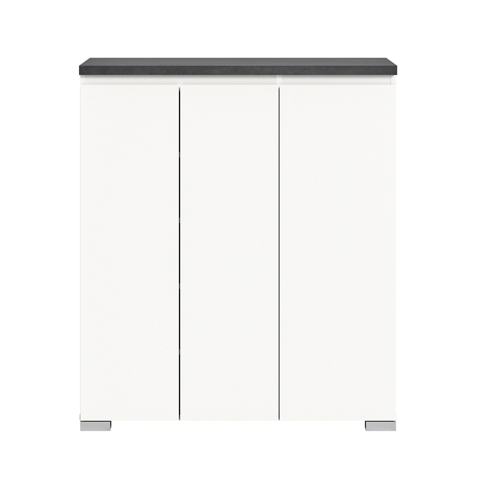 Moderner weißer Schuhschrank mit drei Türen und dunkler Oberseite, Frontalansicht