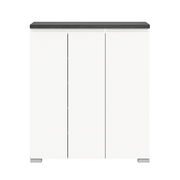 Moderner weißer Schuhschrank mit drei Türen und dunkler Oberseite, Frontalansicht