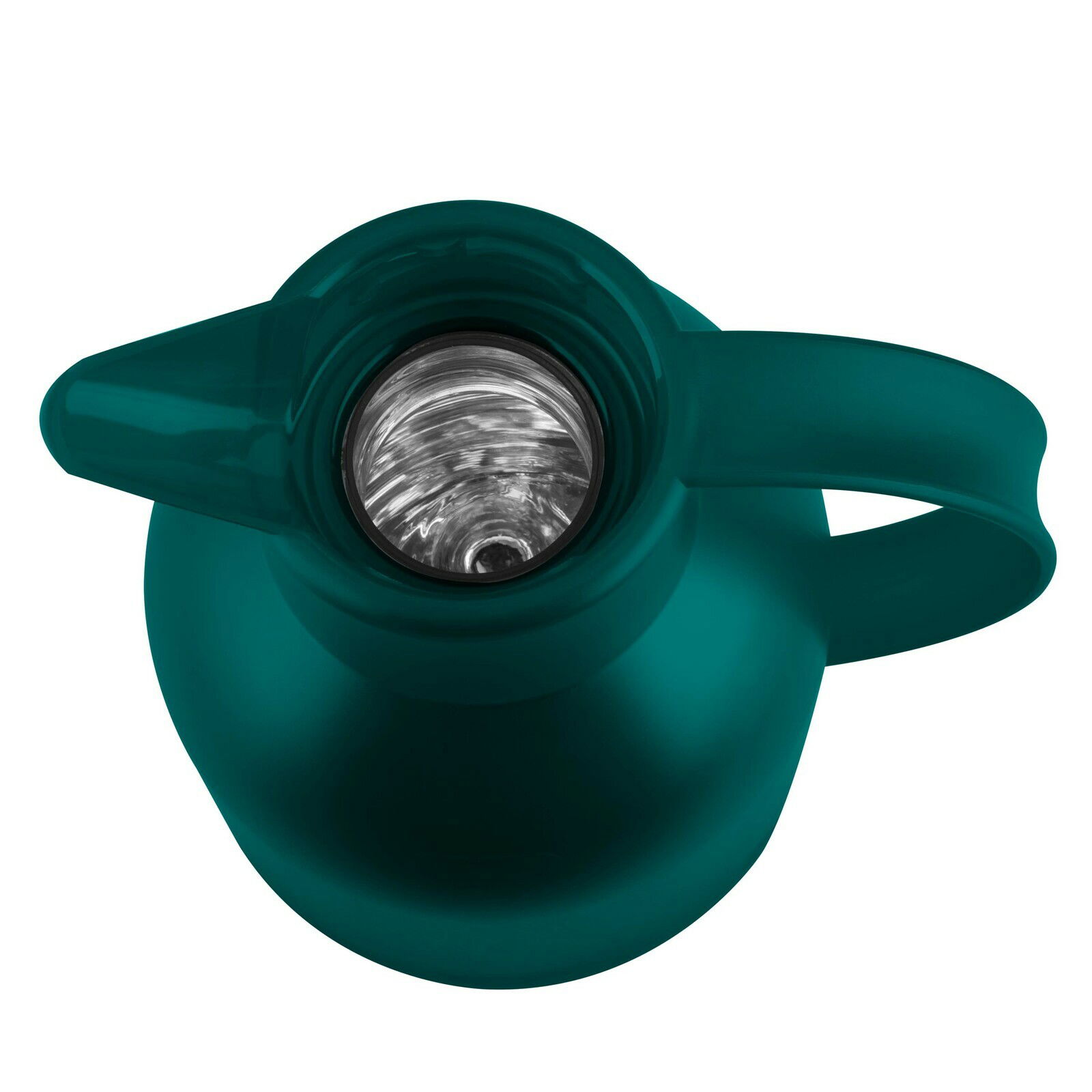 Blick von oben auf eine türkisfarbene Isolierkanne SAMBA mit offenem Deckel und sichtbarem Innenraum.