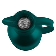 Blick von oben auf eine türkisfarbene Isolierkanne SAMBA mit offenem Deckel und sichtbarem Innenraum.