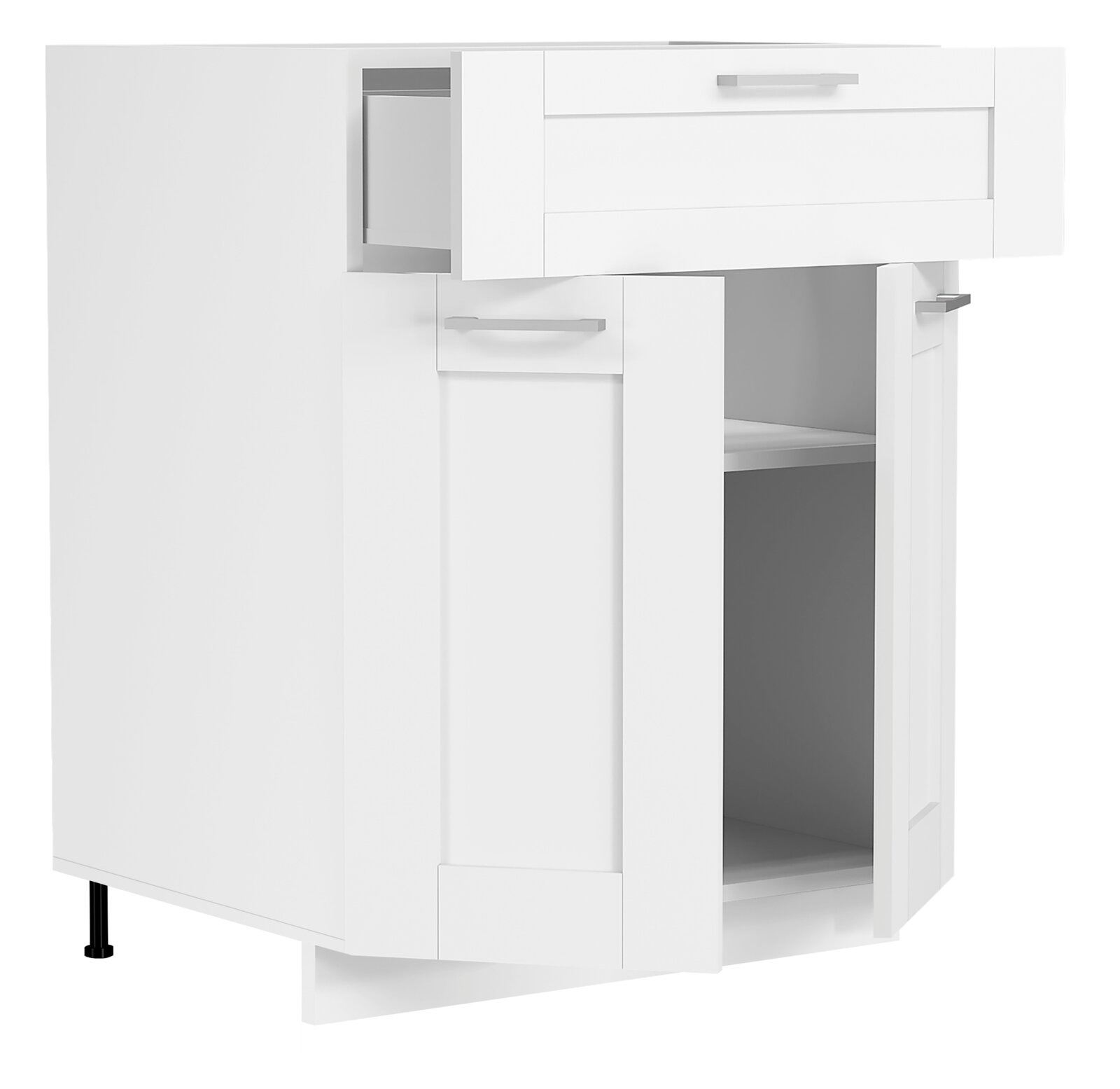 Weißer Küchen-Unterschrank mit Schublade, Tür und offenem Fach, silbernen Griffen und schwarzem Stellfuß, Ansicht schräg von vorne rechts.