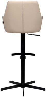 Rückansicht eines modernen Barhockers mit beigem Sitz und schwarzem Metallgestell.