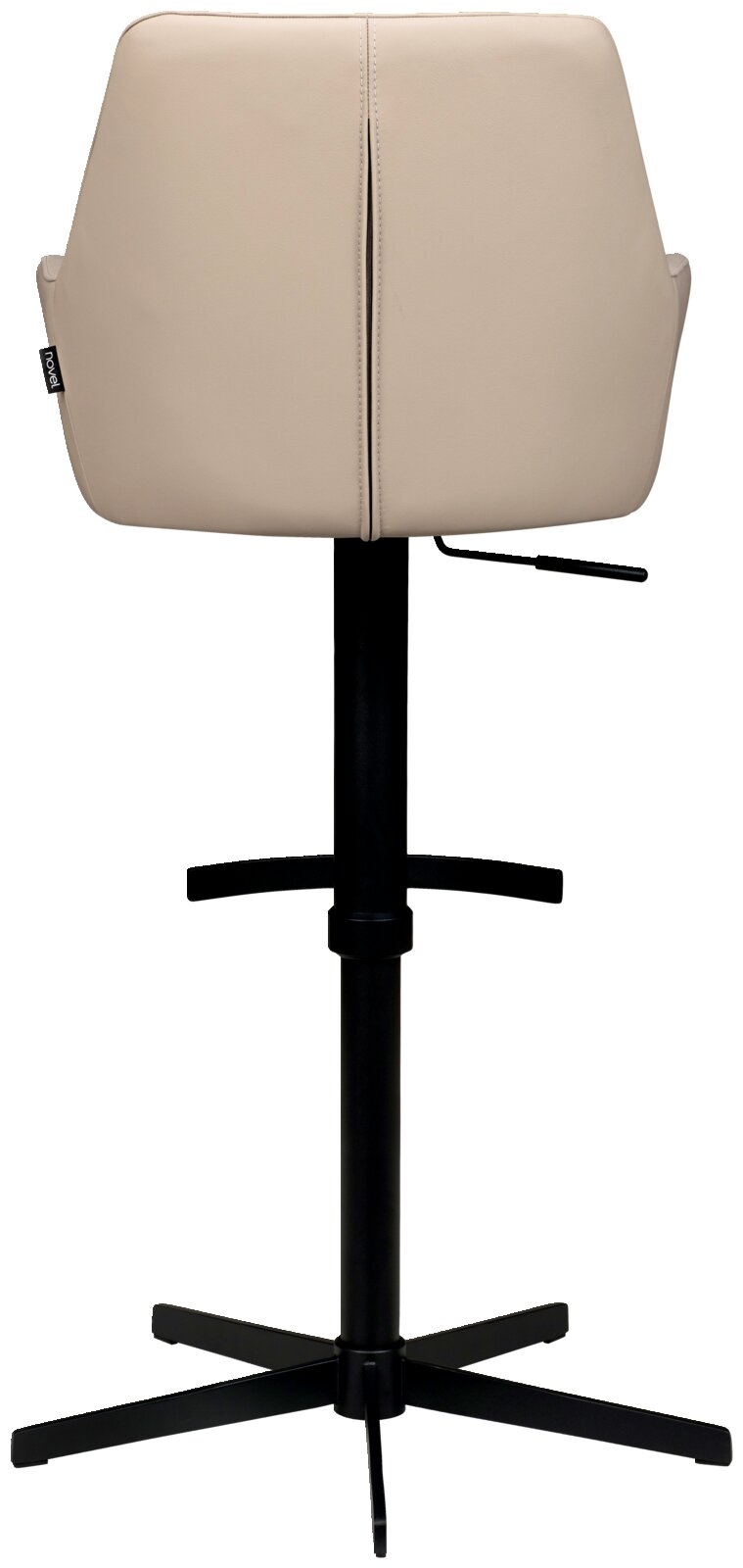 Achterkant van een moderne barkruk met een beige zitting en een zwart metalen frame.