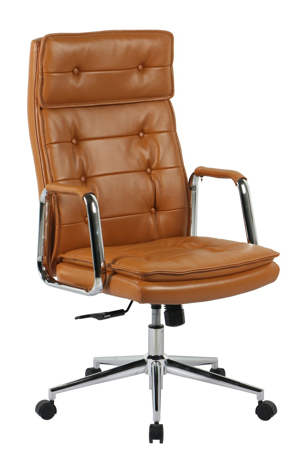 Brauner Chefsessel aus Leder mit hoher Rückenlehne und verchromten Armlehnen, seitliche Perspektive