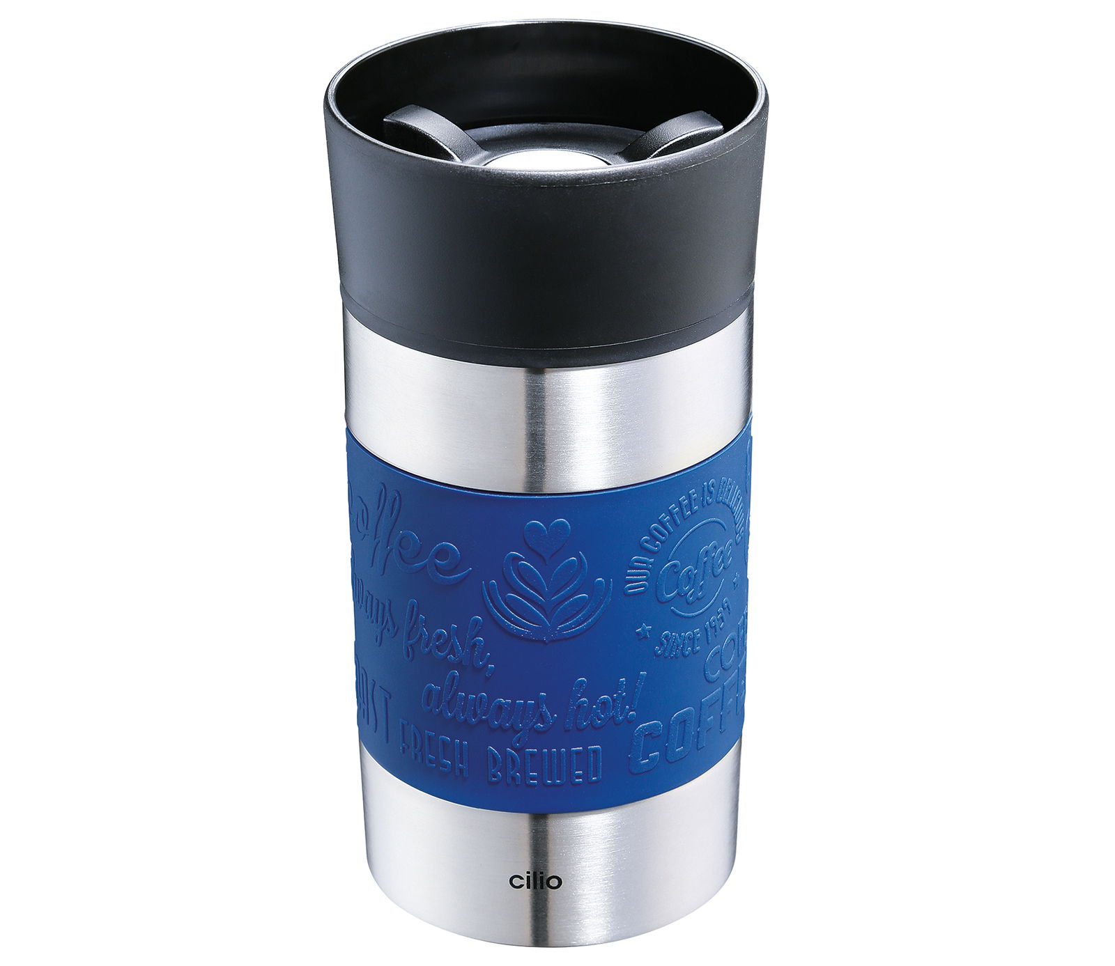 Isoliertrinkbecher 300ml in Blau mit schwarzem Deckel und Edelstahl-Elementen, seitliche Perspektive