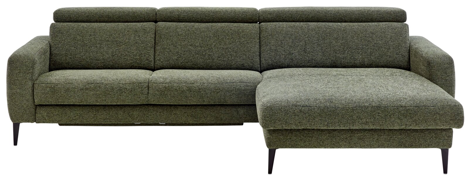 Grünes Longchair-Sofa mit drei Sitzplätzen und einer verlängerten Liegefläche auf der rechten Seite, frontal betrachtet.