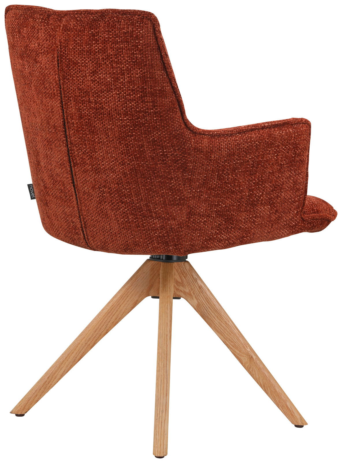 Roter Sessel mit Holzbeinen, seitliche Perspektive