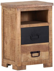 Rustikale Nachtkommode aus Holz mit zwei Schubladen und einem offenen Fach, seitliche Perspektive