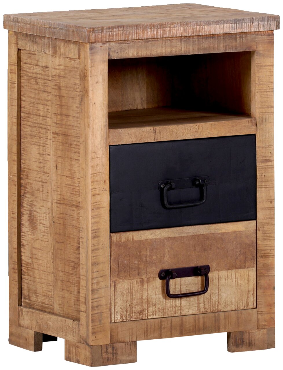 Rustikale Nachtkommode aus Holz mit zwei Schubladen und einem offenen Fach, seitliche Perspektive