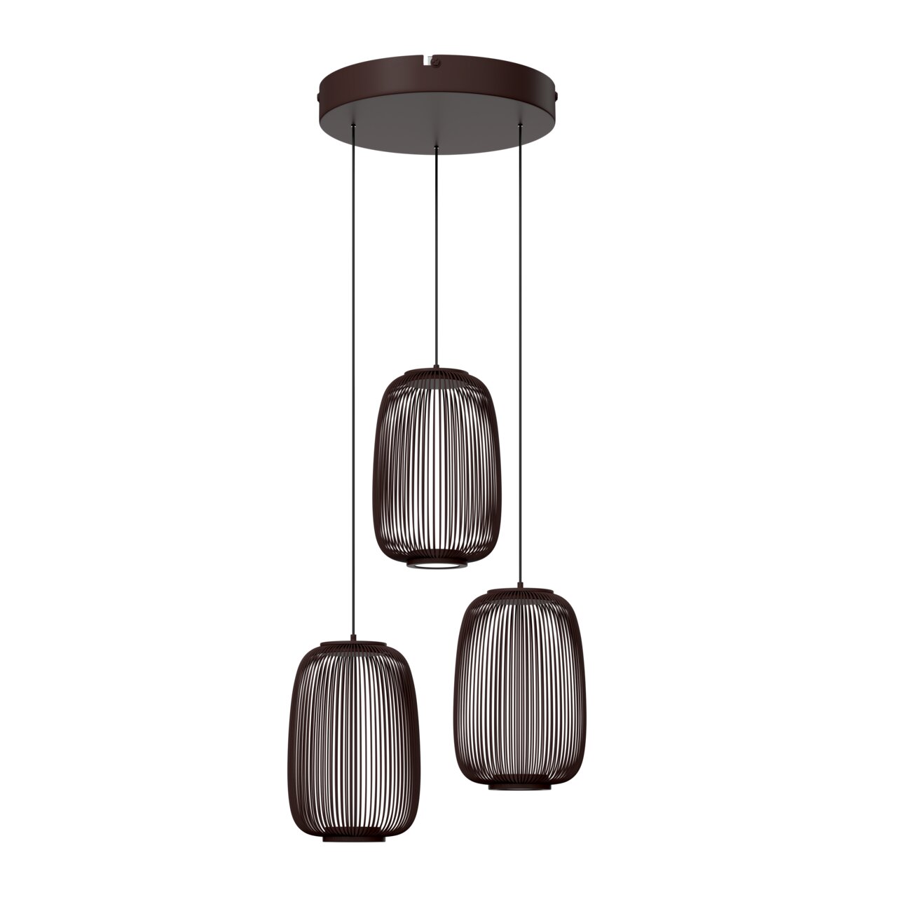 Dreiflammige Pendelleuchte mit drei zylindrischen, dunkelbraunen, gerippten Lampenschirmen an runder Deckenplatte, frontale Ansicht