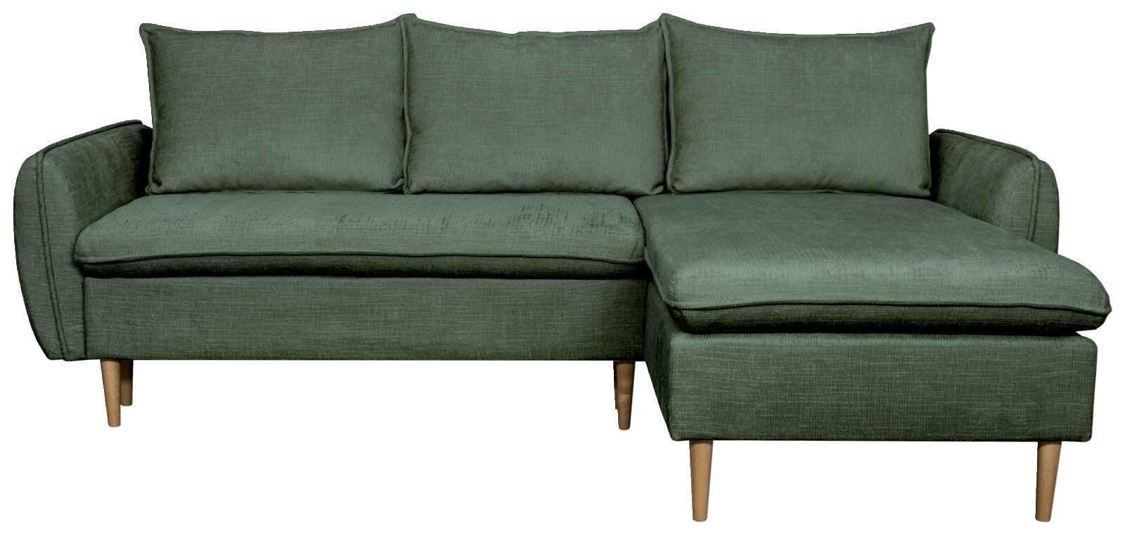 Grünes Ecksofa mit Holzbeinen, Vorderansicht