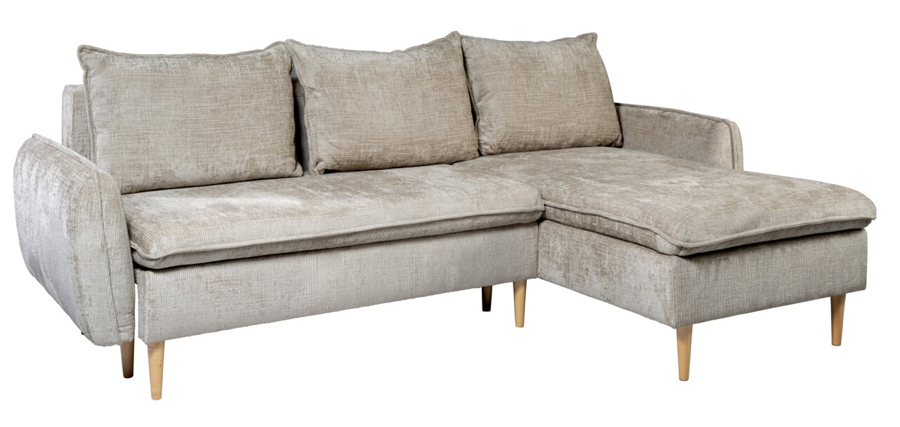 Beige Ecksofa mit Holzfüßen, Ansicht von vorne rechts