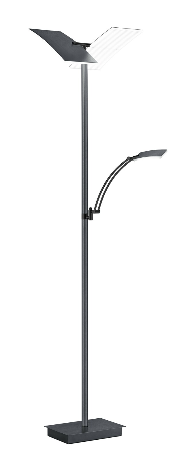 Moderne Stehleuchte ANDY mit zwei Lichtquellen, eine nach oben gerichtete Hauptleuchte und eine flexible Leselampe, in seitlicher Perspektive.