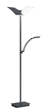 Moderne Stehleuchte ANDY mit zwei Lichtquellen, eine nach oben gerichtete Hauptleuchte und eine flexible Leselampe, in seitlicher Perspektive.