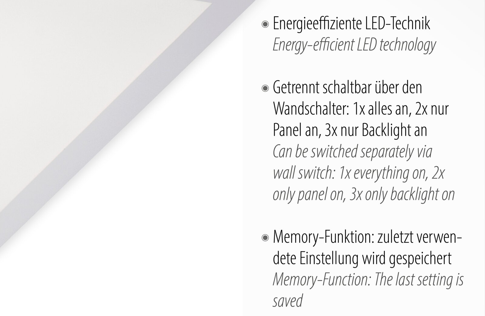 Weiße LED-Deckenleuchte/Panel in Nahaufnahme aus schräger Perspektive, mit Hinweistext zu energieeffizienter LED-Technik, separater Schaltung per Wandschalter und Memory-Funktion.