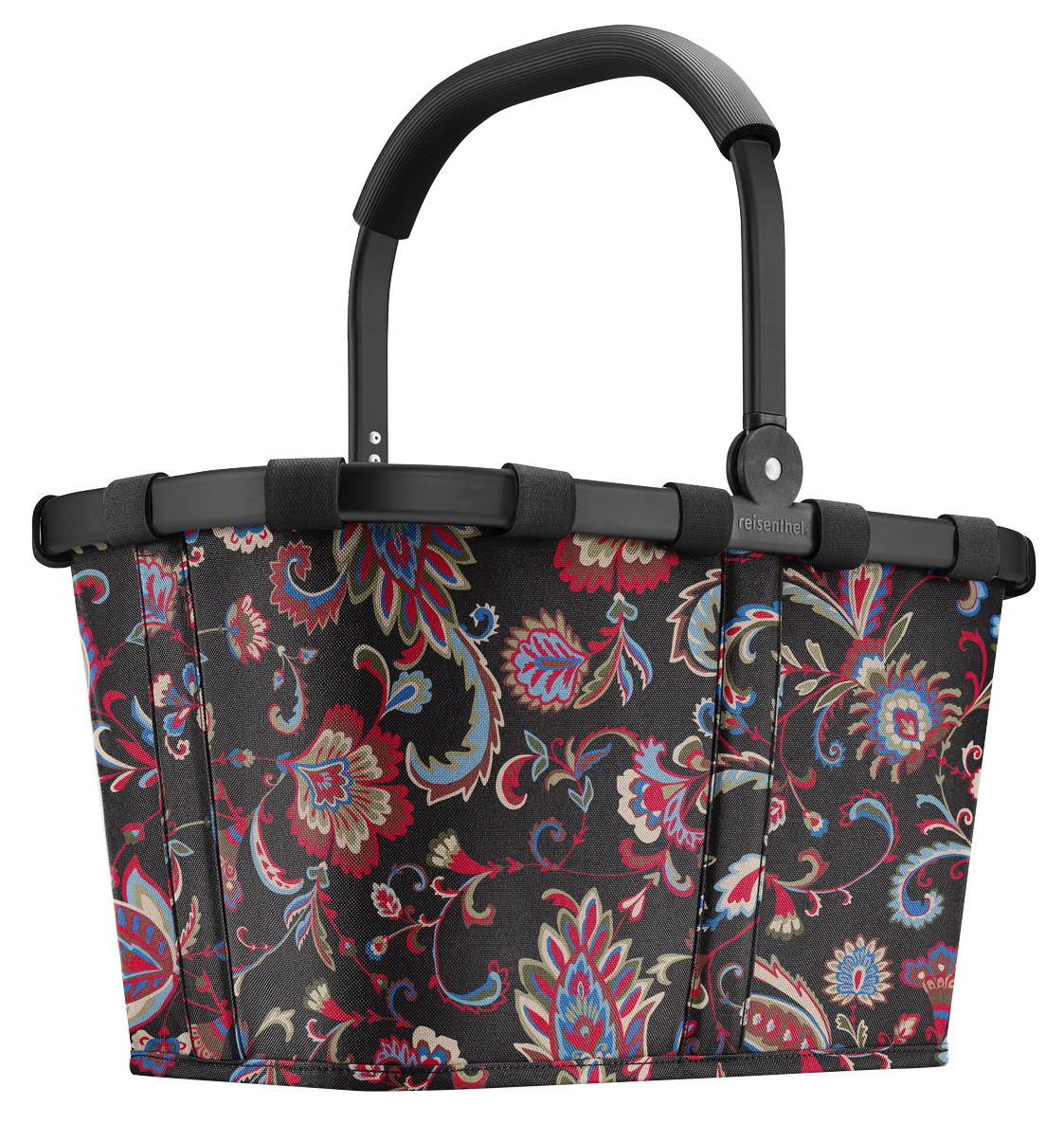 Carrybag mit Paisley-Muster in Schwarz, Rot und Blau, seitliche Perspektive