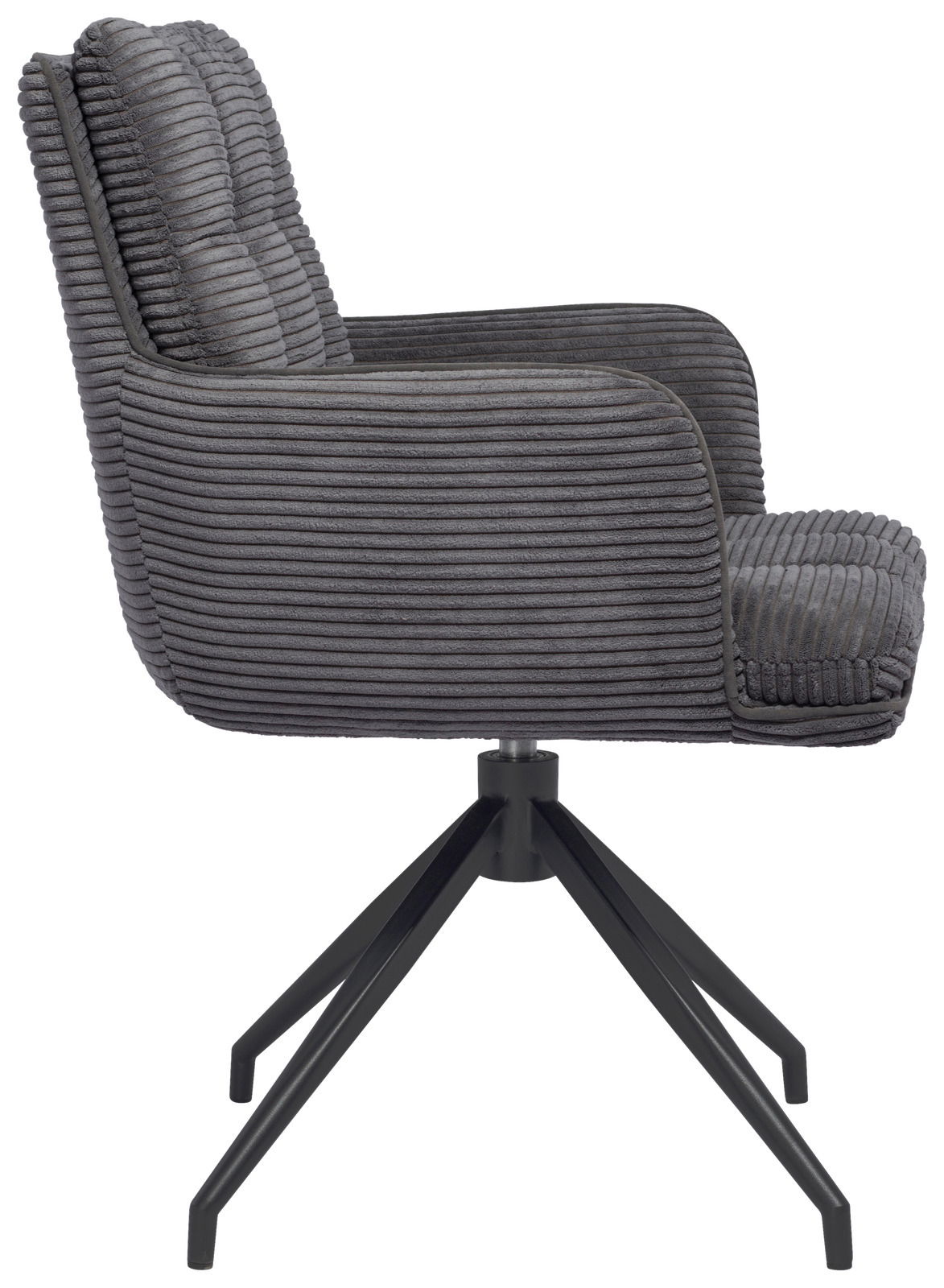 Grauer Armlehnstuhl mit geripptem Stoffbezug, seitliche Perspektive, auf schwarzem Metallgestell.