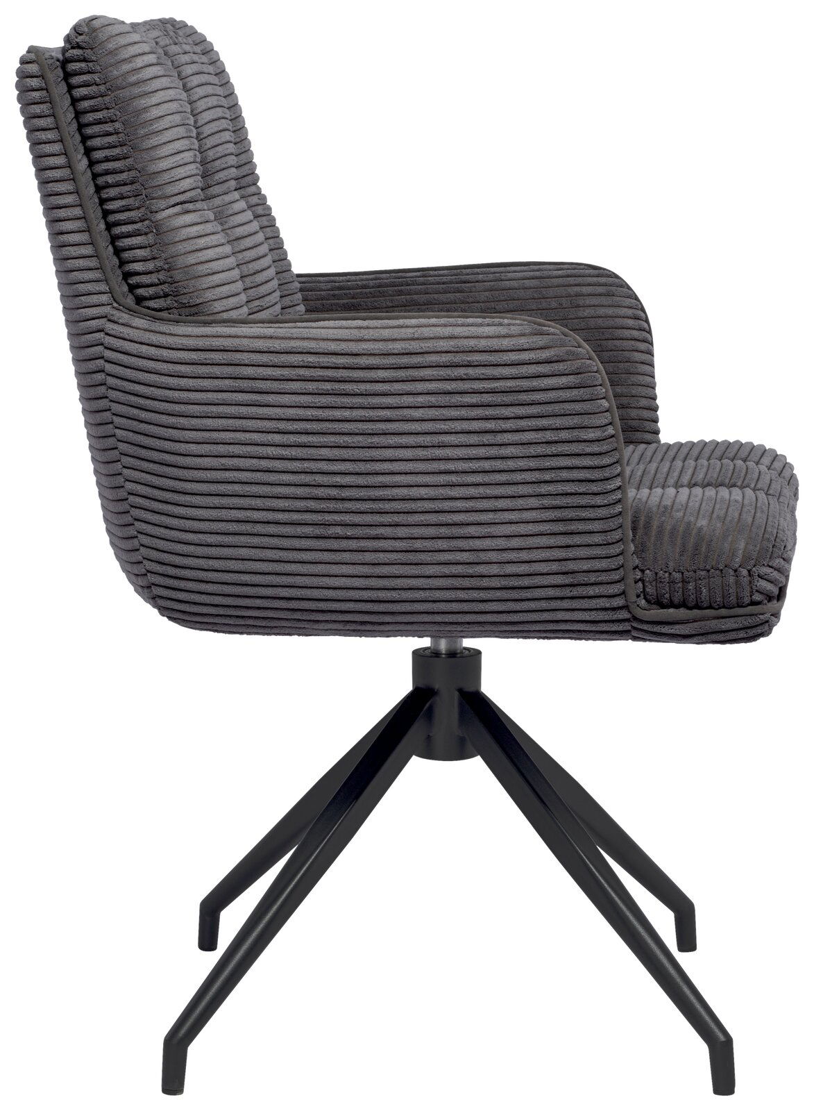 Grauer Armlehnstuhl mit geripptem Stoffbezug, seitliche Perspektive, auf schwarzem Metallgestell.
