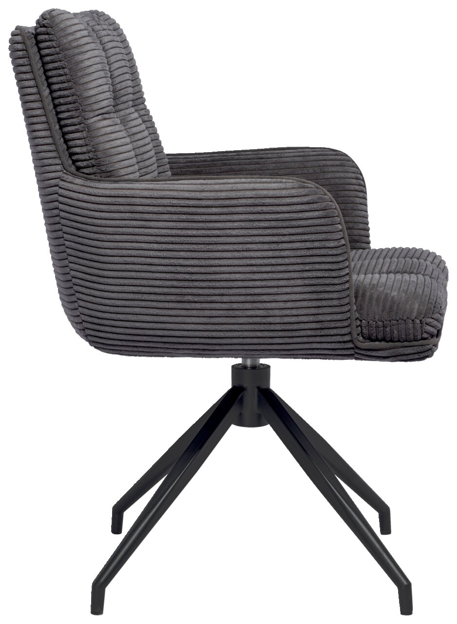Grauer Armlehnstuhl mit geripptem Stoffbezug, seitliche Perspektive, auf schwarzem Metallgestell.