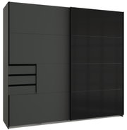 Schwebetürenschrank mit zwei Türen, eine in dunklem Grau mit Schubladen und die andere in glänzendem Schwarz, Frontalansicht