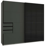 Schwebetürenschrank mit zwei Türen, eine in dunklem Grau mit Schubladen und die andere in glänzendem Schwarz, Frontalansicht