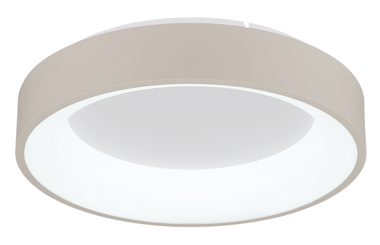 Runde LED-Deckenleuchte in seitlicher Perspektive, modernes Design mit weißem Diffusor und beigem Rahmen.