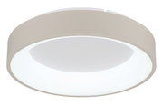 Runde LED-Deckenleuchte in seitlicher Perspektive, modernes Design mit weißem Diffusor und beigem Rahmen.