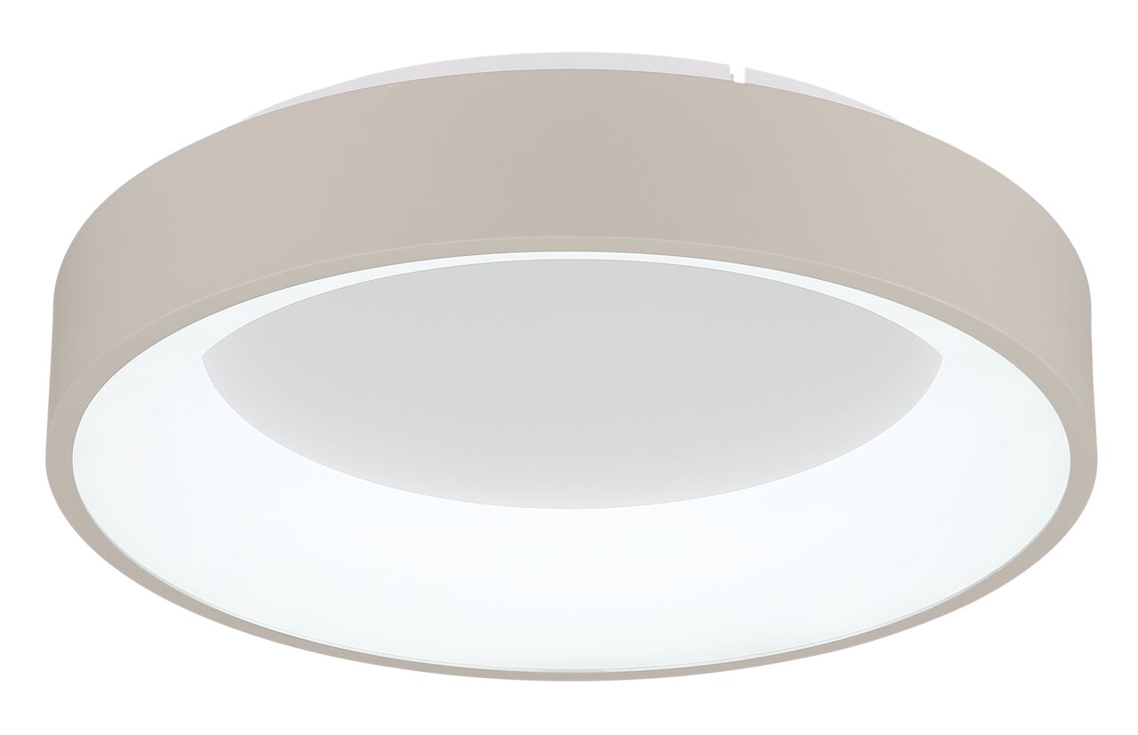 Runde LED-Deckenleuchte in seitlicher Perspektive, modernes Design mit weißem Diffusor und beigem Rahmen.