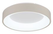 Runde LED-Deckenleuchte in seitlicher Perspektive, modernes Design mit weißem Diffusor und beigem Rahmen.