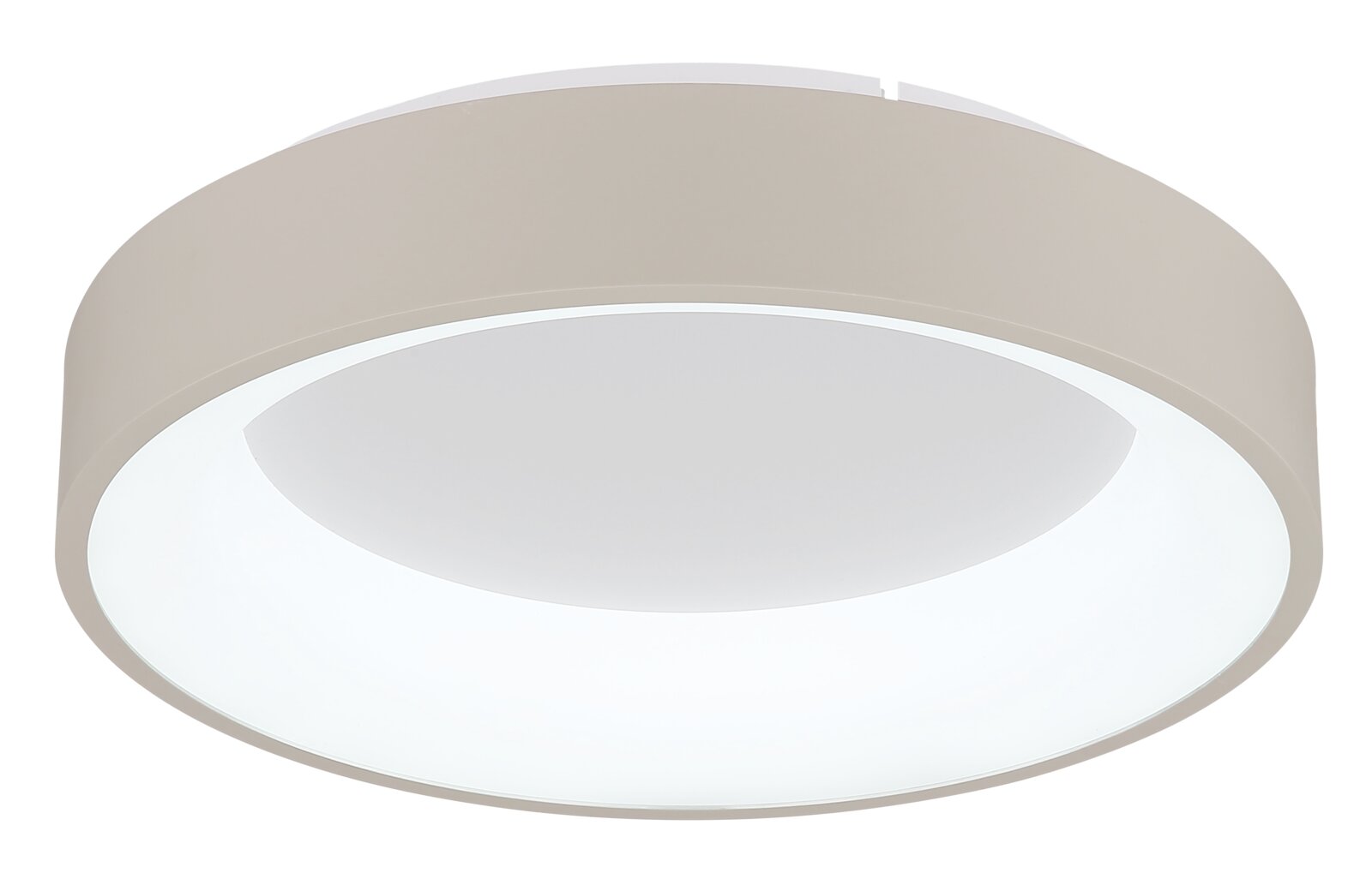 Ronde led-plafondlamp in zijaanzicht, modern ontwerp met witte lichtverspreider en beige rand.