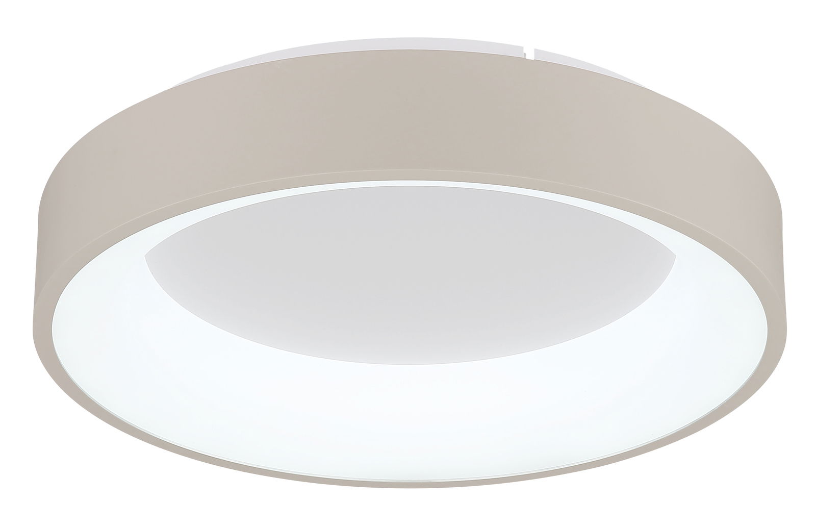 Runde LED-Deckenleuchte in seitlicher Perspektive, modernes Design mit weißem Diffusor und beigem Rahmen.