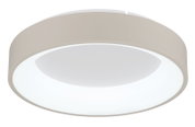Ronde led-plafondlamp in zijaanzicht, modern ontwerp met witte lichtverspreider en beige rand.