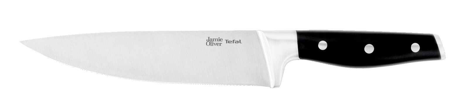 Tefal Kochmesser JAMIE OLIVER Jamie Oliver Tefal Kochmesser mit breiter Edelstahlklinge und schwarzem Griff mit drei Nieten, Seitenansicht von links auf weißem Hintergrund