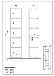 Technische Zeichnung eines hohen, schmalen Aktenregals mit fünf Regalböden, Vorder- und Seitenansicht, perspektivische Darstellung rechts.