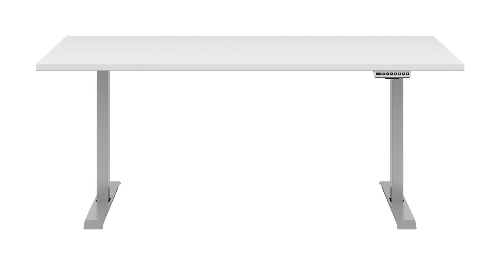 Moderner höhenverstellbarer E-Schreibtisch in Weiß mit grauen Metallbeinen, Frontalansicht.