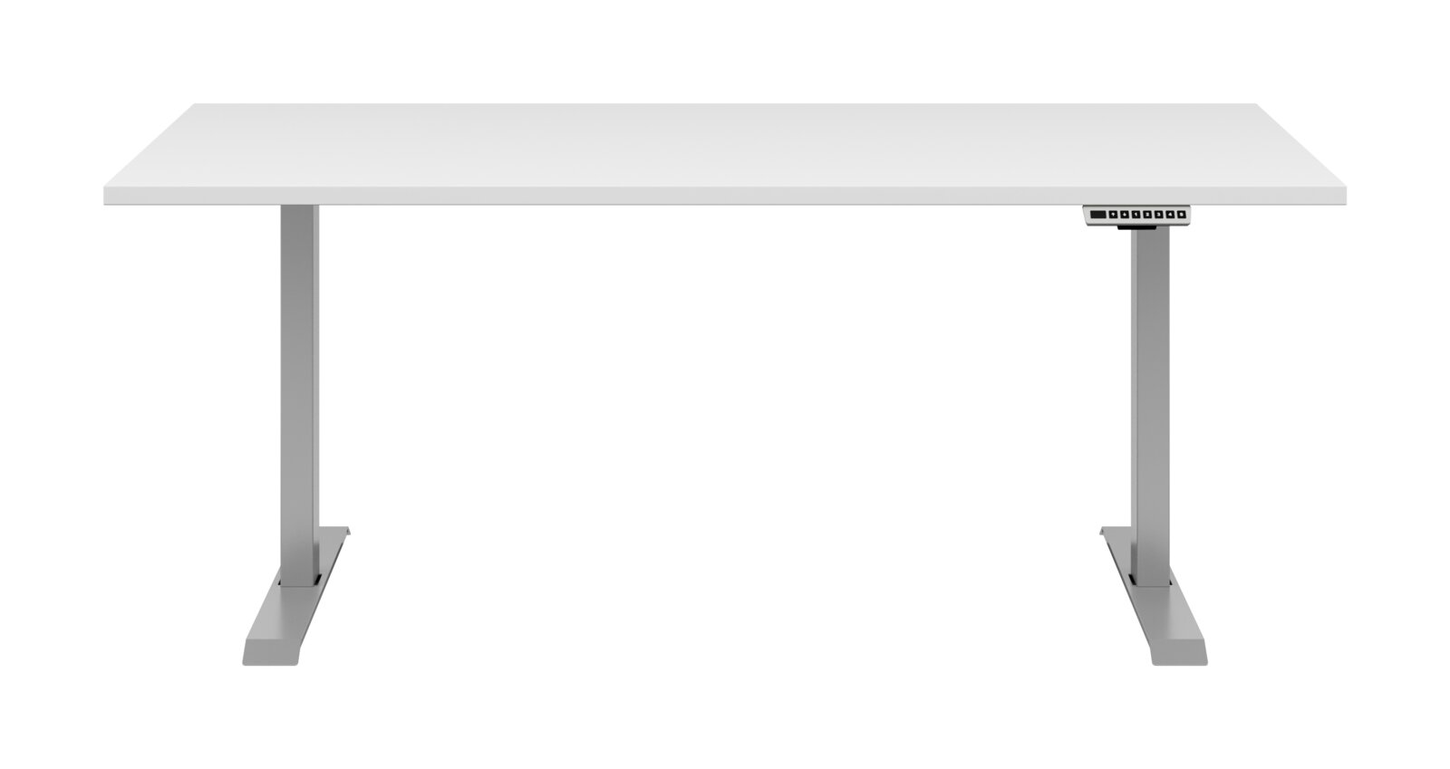 Moderner höhenverstellbarer E-Schreibtisch in Weiß mit grauen Metallbeinen, Frontalansicht.