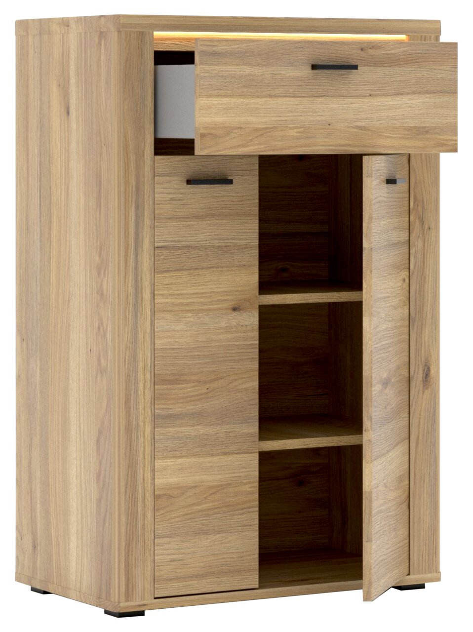 Schuhschrank aus Holz mit geöffneter Schublade und Tür, seitliche Perspektive