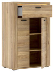 Schuhschrank aus Holz mit geöffneter Schublade und Tür, seitliche Perspektive