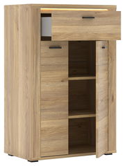 Schuhschrank aus Holz mit geöffneter Schublade und Tür, seitliche Perspektive