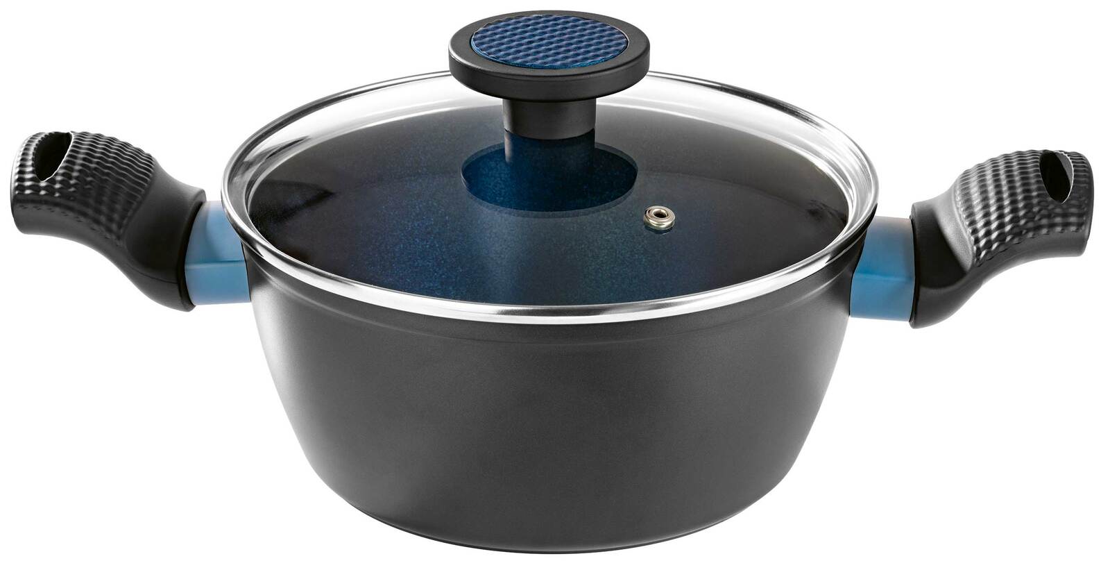 Schwarzer Kochtopf mit Glasdeckel und blauen Griffen, seitliche Perspektive