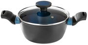 Schwarzer Kochtopf mit Glasdeckel und blauen Griffen, seitliche Perspektive