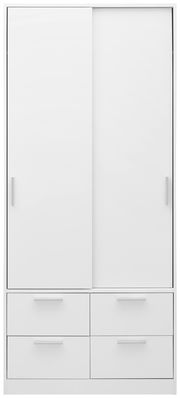 Weißer zweitüriger Schiebetürenschrank mit vier Schubladen, Frontalansicht