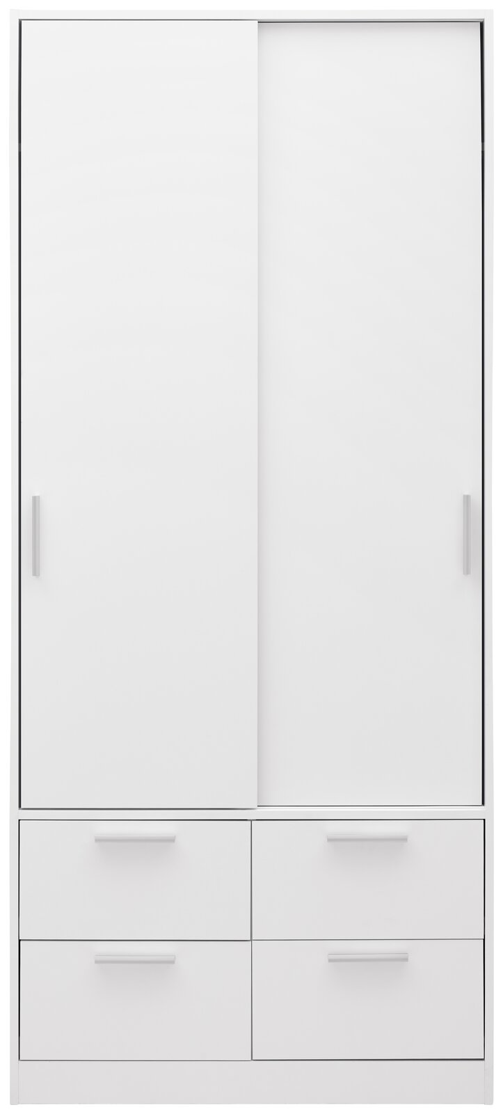 Weißer zweitüriger Schiebetürenschrank mit vier Schubladen, Frontalansicht