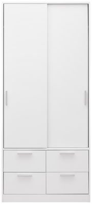Weißer zweitüriger Schiebetürenschrank mit vier Schubladen, Frontalansicht