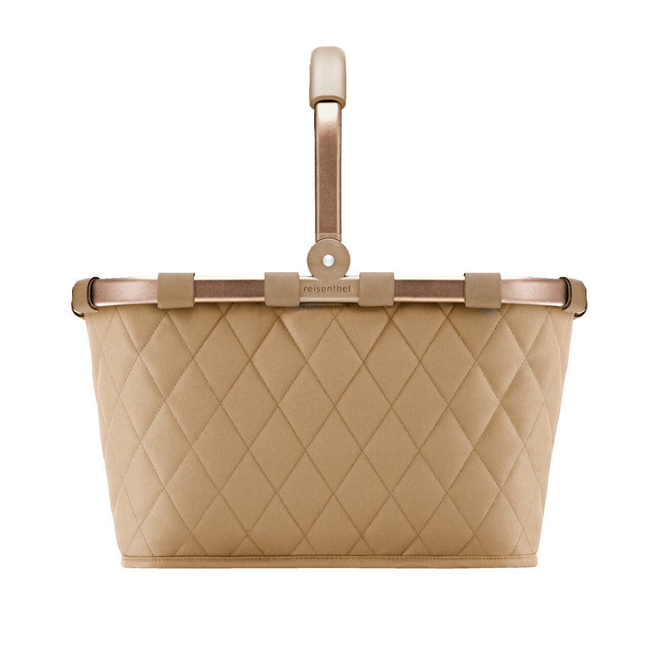 Vorderansicht eines beige-farbenen, rautenförmig gesteppten Einkaufskorbs mit stabilem Griff.