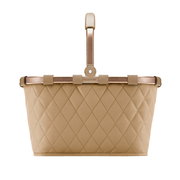 Vorderansicht eines beige-farbenen, rautenförmig gesteppten Einkaufskorbs mit stabilem Griff.